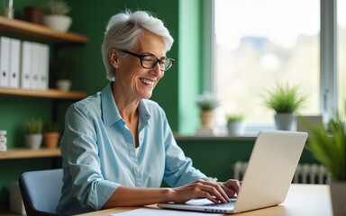 Happy mature older woman working on laptop in light office. Smiling 60s middle aged businesswoman talking by conference online virtual chat using computer at modern green office sitting at a desk.