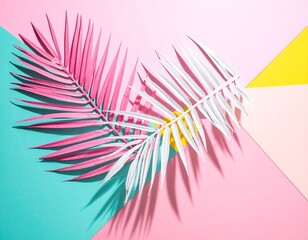 A flat lay composition of stylized palm fronds, one in vibrant pink and another in cool white, arranged over a background of intersecting geometric planes in bright cyan, sunny yellow, and soft pink