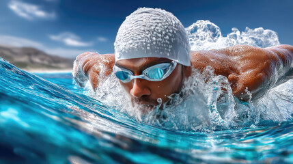 swimmer diving through a wave in an ocean competition during daylight, copy space