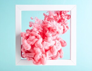 A macro shot of delicate pink ink swirling and blooming within a stark white square frame, set against a tranquil cyan blue background
