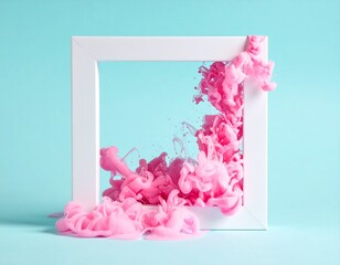 A macro shot of delicate pink ink swirling and blooming within a stark white square frame, set against a tranquil cyan blue background