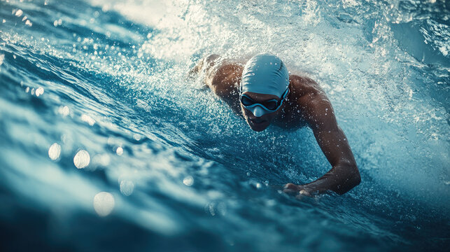 swimmer diving through a wave in an ocean competition during daylight, copy space - Powered by Adobe