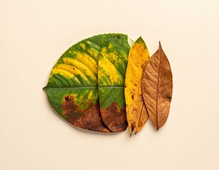A single, elongated leaf, segmented into horizontal slices, displaying a vibrant color gradient from deep forest green to golden yellow and finally to a dry, autumnal brown. 