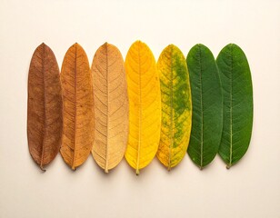A single, elongated leaf, segmented into horizontal slices, displaying a vibrant color gradient from deep forest green to golden yellow and finally to a dry, autumnal brown