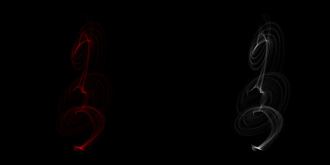 Ethereal dance of duality Red and white light figures intertwine in a cosmic ballet framed by minimalist black with soft