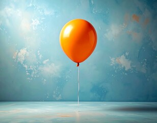 A single, vibrant orange balloon floats in the center of a soft, dusty blue background. A thin white string dangles below.