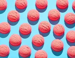 A vibrant, top-down flat lay of repeating scoops of bright pink strawberry ice cream arranged in a symmetrical pattern on a solid, bright teal background.