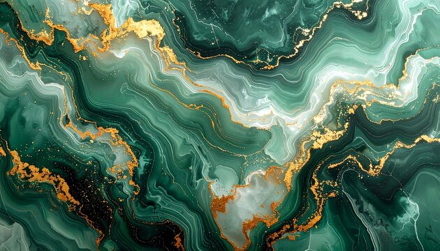 Abstract swirls of emerald green and gold create a rich, luxurious, and elegant marble-like texture