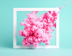 A vibrant, fluffy pink ink cloud explodes from the center of a minimalist white square frame against a serene teal blue background