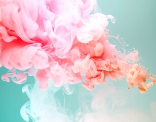 Abstract swirling clouds of vibrant pink and soft peach colored smoke, dissolving into a muted teal and pale green background