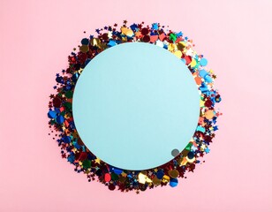 Overhead shot of a light blue circular disc on a pastel pink background, encircled by a chaotic, vibrant explosion of metallic confetti in red, gold, blue, and green.