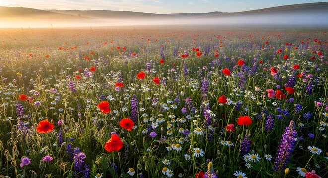 A vibrant wildflower meadow during sunrise with colorful flowers including poppies, daisies, and lavender stretching across the landscape under a clear sky