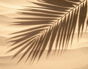 Overhead shot of fine-grained sand with the sharp, distinct shadow of a large palm leaf creating an abstract pattern