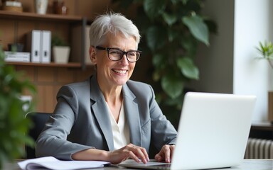 Busy middle aged business woman using laptop working in office. Mature businesswoman entrepreneur at work, smiling professional female company executive manager looking at computer, vertical photo