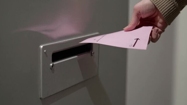 Placing a pink ballot into a voting machine at a polling location during an election