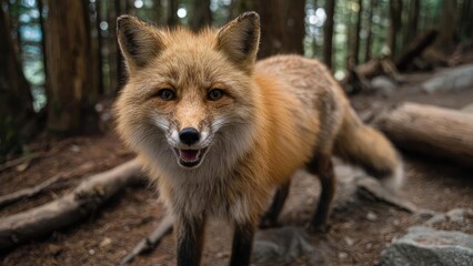 Obraz premium A red fox stands in a forest, looking at the camera with a friendly, open-mouthed smile and a fluffy tail. Concept Red fox portrait in a forest friendly gaze