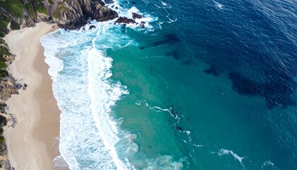 Coastal aerial view showing tan sands meeting foamy turquoise and dark blue ocean waters with rocky, green cliffs