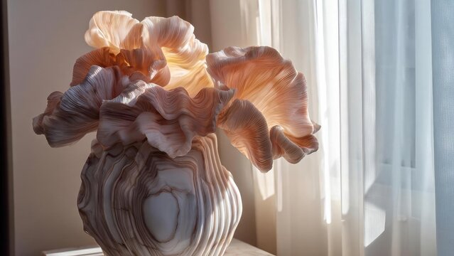 Marble vase with a large, ruffled peach-pink flower sculpture bathed in sunlight by a window. Concept Marble vase, Peach-pink flower sculpture, Sunlit window, Still life, Floral elegance