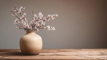 Fototapeta premium Beige ceramic vase with delicate white cherry blossoms on a wooden table against a plain neutral backdrop. Concept Minimalist Still Life, Beige Ceramic Vase, White Cherry Blossoms, Wooden Table