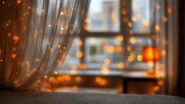 Cozy room with sheer curtains and warm fairy lights, a glowing lamp on a table, blurred city lights in the background. Concept Cozy indoor scene, Warm fairy lights, Sheer curtains - Powered by Adobe