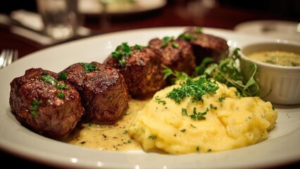 Seared beef tenderloin medallions with creamy mashed potatoes, herb gravy, and a garnish of parsley and greens. Concept Seared beef tenderloin medallions, Creamy mashed potatoes, Herb gravy