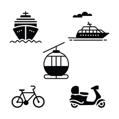 Diverse modes of transportation shown in bold black and white icons conveying travel and journey theme