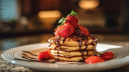 Stack of fluffy pancakes drizzled with chocolate sauce, topped with fresh strawberries on a white plate. Concept Fluffy Pancakes, Chocolate Drizzle, Fresh Strawberries, White Plate