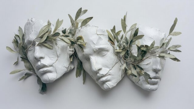 Three white plaster busts with cracked surfaces, adorned with olive branches. Concept Classical plaster busts, Cracked plaster texture, Olive branch decor, White-and-green palette