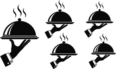 Several black and white illustrations of hands holding food trays