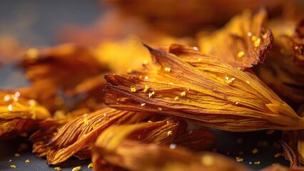 Dried orange peels curled into papery brown-orange strips. Concept Dried orange peels, Papery textures, Brown-orange palette, Rustic still life, Citrus decor