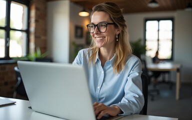 Happy busy mature business woman entrepreneur in office using laptop at work, smiling professional middle aged female company executive manager working looking at computer at workplace. High quality