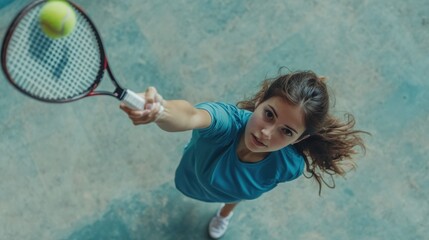 Dynamic perspective of a young female tennis player serving on the court