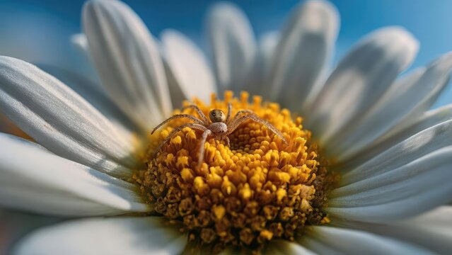 A tiny pale crab spider sits on the yellow center of a white daisy. Concept Macro nature photography of a pale crab spider on a white daisy center, Close-up of a tiny spider on a yellow daisy center