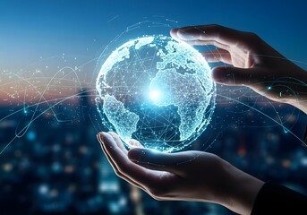 Engage global audiences with stunning digital world concept in hands, perfect for technology, business, and innovative design projects