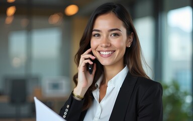Happy smiling mature middle aged business woman, 40s professional lady executive manager talking on the cell phone making business call on cellphone at work in office. High quality