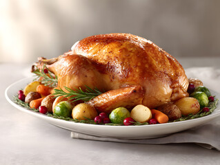 Hyper-Realistic Studio Photograph of a Whole Roast Turkey with Seasonal Vegetables Decoratively Arranged