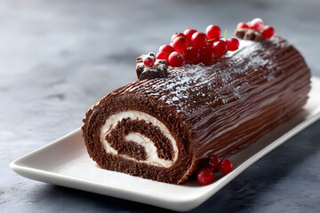 Hyper-realistic classic chocolate roll cake with decoration and berries on a white platter