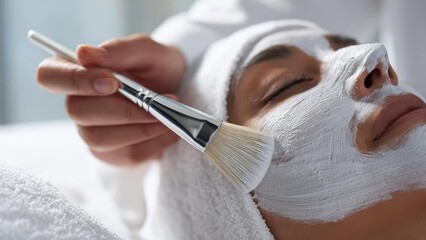 A person reclining in a spa while a white facial mask is painted onto their face with a brush. Concept Spa Relaxation Portraits, Facial Mask Application, Plush Indoor Spa, Self-Care Ritual