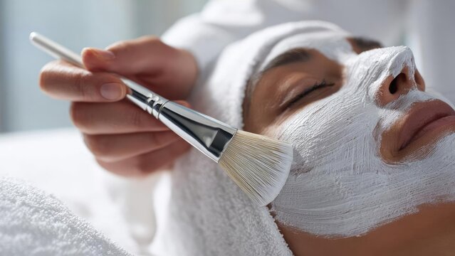 A person reclining in a spa while a white facial mask is painted onto their face with a brush. Concept Spa Relaxation Portraits, Facial Mask Application, Plush Indoor Spa, Self-Care Ritual