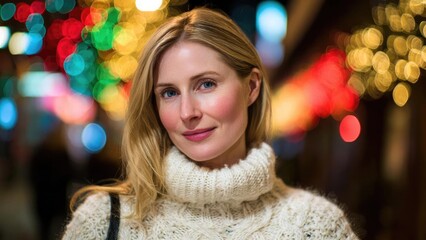 Portrait of a blonde woman in a chunky cream knit turtleneck, smiling, with colorful city lights in the blurred background. Concept Blonde woman portrait, Cozy chunky cream knit turtleneck