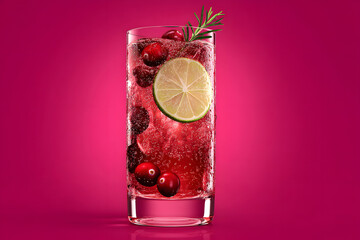 Hyper-realistic photograph of a refreshing commercial drink with vibrant colors and garnished with lime and rosemary