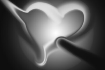 Abstract grayscale heart shape with soft light, fluid, and blurred edges