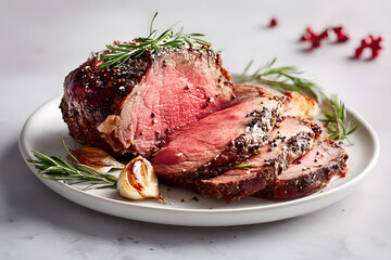 High-End Photograph of Medium-Rare Roast Beef with Herbs and Garlic on Plate