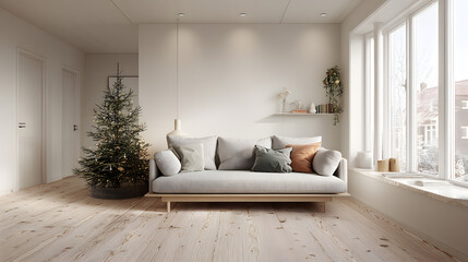 Cozy Scandinavian Living Room with Minimalist Sofa and Christmas Tree in Natural Light