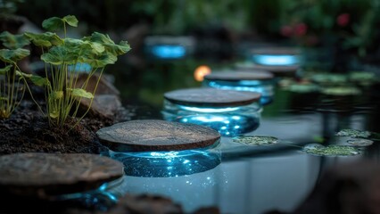 A tranquil garden pond with glowing blue stepping stones lit from below, surrounded by lily pads and leafy plants. Concept Tranquil garden pond, Glowing blue stepping stones