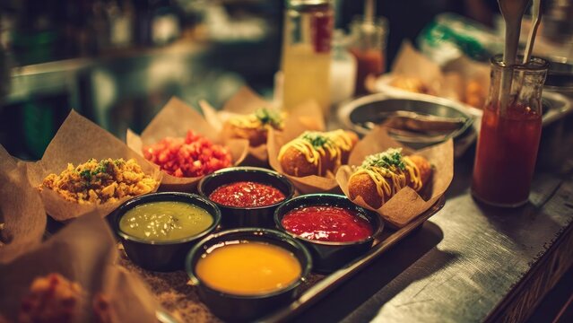 Assorted fried snacks and hot dog sliders with mustard, plus bowls of cheese dip, guacamole, and salsa on a metal tray. Concept Fried snack assortment, Hot dog sliders with mustard, Cheese dip bowls - Powered by Adobe