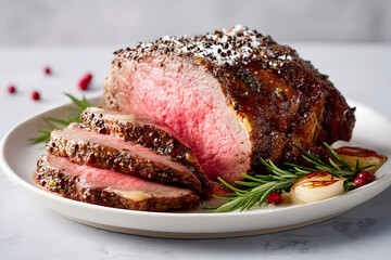High-End Medium Rare Roast Beef Photographed with Fresh Herbs and Garnishes