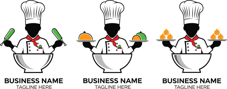 Three chef logos with food and cooking utensils illustrations