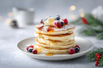 Delicious Stack of Fluffy Pancakes Topped with Berries and Maple Syrup on a Festive Background