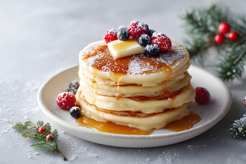 Fluffy Pancakes Stacked with Berries and Maple Syrup on a Plate with Festive Sprigs and Sprinkles of Powdered Sugar